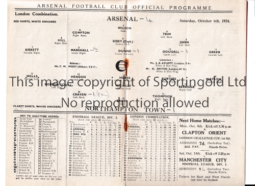 ARSENAL Programme for the home London Combination match v Northampton Town 6/10/1934, very slight