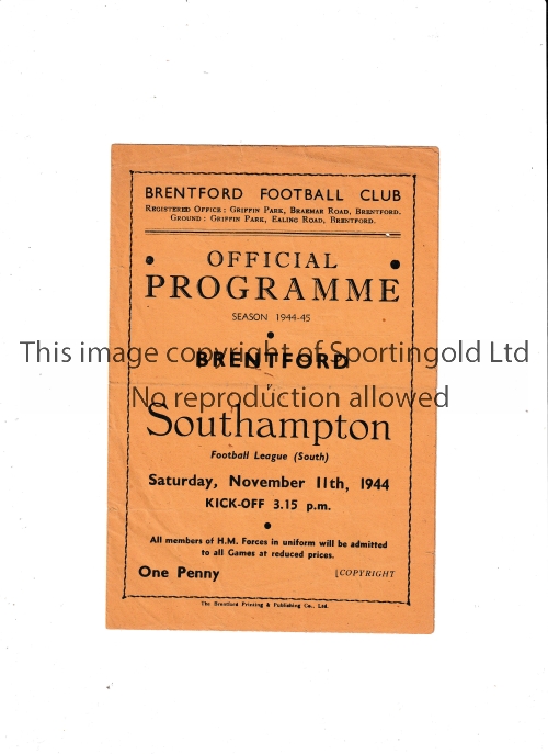 BRENTFORD Programme for the home FL South match v Southampton 11/11/1944, slightly creased and