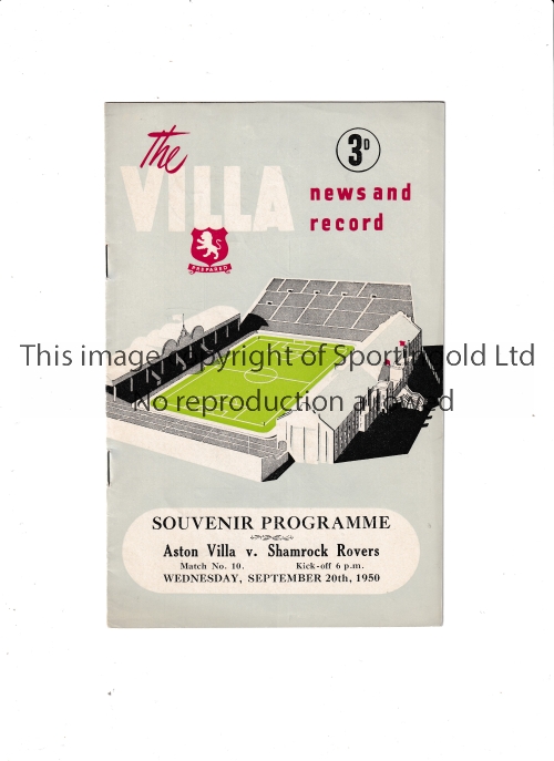 ASTON VILLA V SHAMROCK ROVERS 1950 Programme for the Friendly at Villa Park 20/9/1950, team