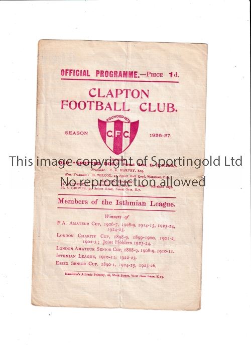 CLAPTON V NUNHEAD 1927 Programme for the League match at Clapton v Nunhead 5/3/1927, heavily