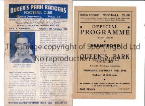 1945/6 FA CUP / QPR V BRENTFORD Programmes for both Legs, at Rangers 9/2/1946, horizontal fold and