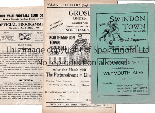 EXETER CITY Three away programmes in season 1947/8 v Northampton, staple removed, Swindon and Port