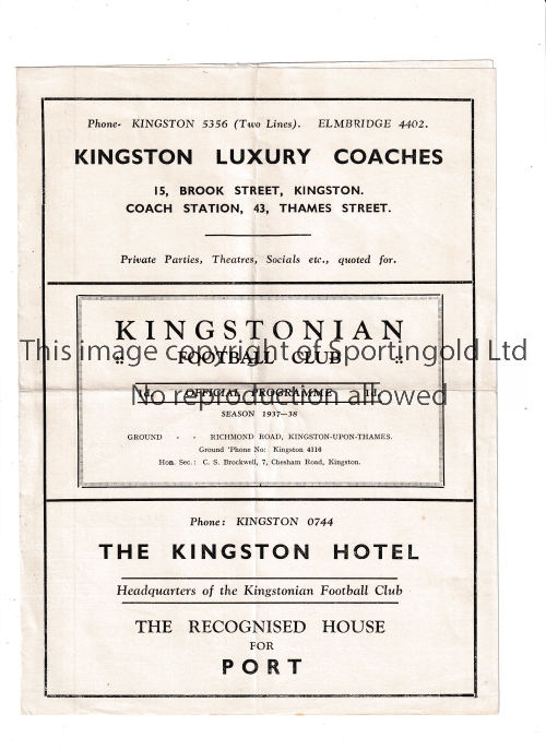 KINGSTONIAN V ILFORD 1937 Programme for the Isthmian League match at Kingstonian 4/9/1937, folded,