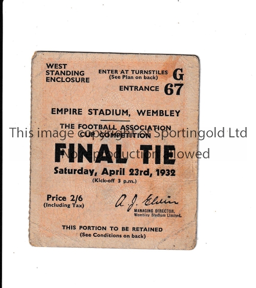 1932 FA CUP FINAL Ticket for Arsenal v Newcastle United, slightly creased, team names and scores