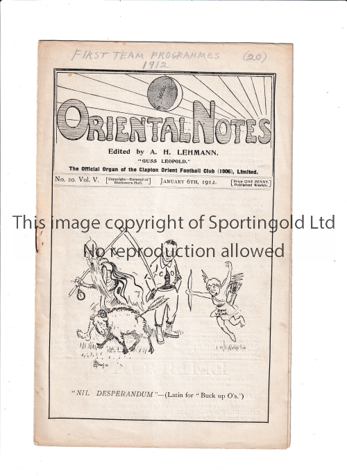 CLAPTON ORIENT V STOCKPORT COUNTY 1912 Programme for the League match at Clapton Orient v