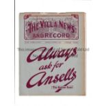 ASTON VILLA Programme for the home League match v Huddersfield 4/10/1930, wear at the top of the