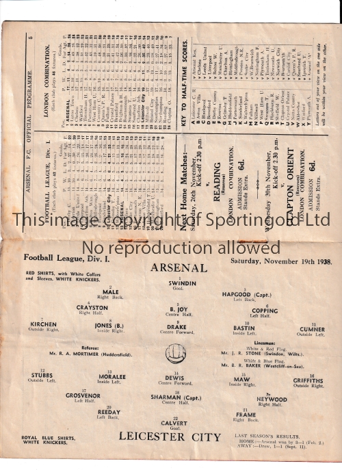 ARSENAL Programme for the home League match v Leicester City 19/11/1938, very slightly creased.
