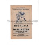 ROCHDALE V DARLINGTON 1946 Programme for the League match at Rochdale 26/10/1946. Generally good