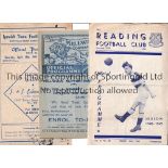 EXETER CITY Three away programmes in season 1948/9 v Reading, hole at the staple area and scores