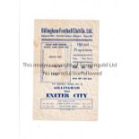 GILLINGHAM 1950/1 Single sheet programme for the away League match v Exeter City 7/2/1951 in their