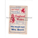 RUGBY UNION 1934 WALES V ENGLAND / AUTOGRAPHS Programme for the match at Cardiff Arms Park on 20/1/