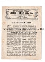 ARSENAL Programme for the home League match v Aston Villa 25/3/1922, punched holes replaced and