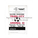 ARSENAL Programme for the away Friendly v Truro City 13/9/1972. Very good