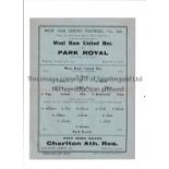 WEST HAM UNITED V PARK ROYAL 1935 Single sheet programme for the London Mid Week League match at