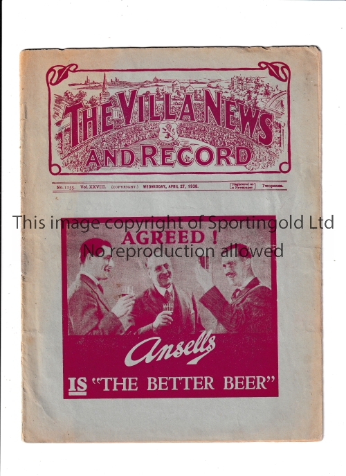 ASTON VILLA Programme for the home League match v Bradford P.A. 27/4/1938. Generally good