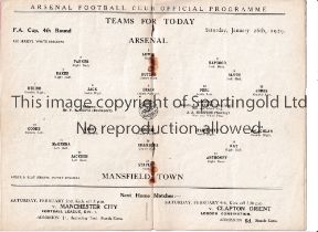 ARSENAL Programme for the home FA Cup tie v Pre-League Mansfield 26/1/1929, rusty staples and slight
