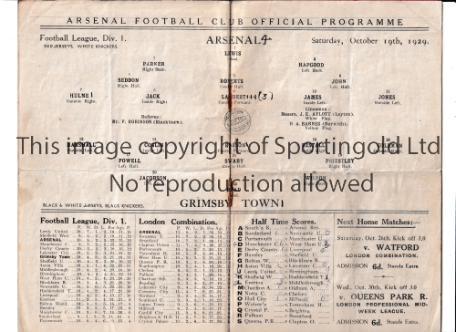 ARSENAL Programme for the home League match Grimsby 19/10/1929, horizontal fold and scores