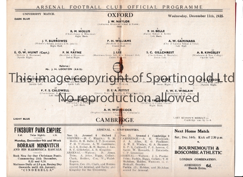 NEUTRAL AT ARSENAL Programme for the Varsity Football Match, Oxford v Cambridge 11/12/1935.