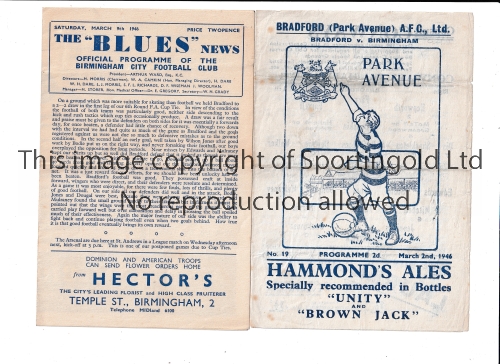 1945/6 FA CUP / BRADFORD PARK AVENUE V BIRMINGHAM CITY Programmes for both Legs, at Bradford 2/3/