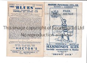 1945/6 FA CUP / BRADFORD PARK AVENUE V BIRMINGHAM CITY Programmes for both Legs, at Bradford 2/3/