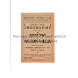 BRENTFORD Programme for the home FL South match v Aston Villa 16/2/1946, slightly creased. Generally