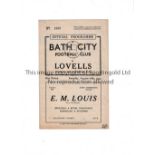 BATH CITY V LOVELLS 1944 Programme for the match at Bath on 26/8/44. Slight crease. Generally good
