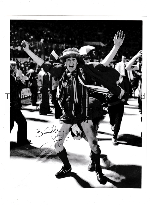 JOEY JONES AUTOGRAPH A 10" X 8" b/w photo of Jones celebrating after Liverpool won the 1977 European