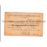 RUGBY LEAGUE A Leeds Parish Church Recreation Club selection card for 10/3/1898. Generally good