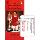 ARSENAL Ticket and menu for the Frank McLintock Testimonial Dinner at the Royal Lancaster Hotel 4/