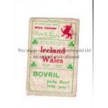 RUGBY UNION 1934 WALES V IRELAND Programme for the match at Swansea on 10/3/34. Worn on the cover.