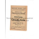 BRENTFORD Programme for the home FA Cup tie v Charlton Athletic 9/3/1946, slightly creased.