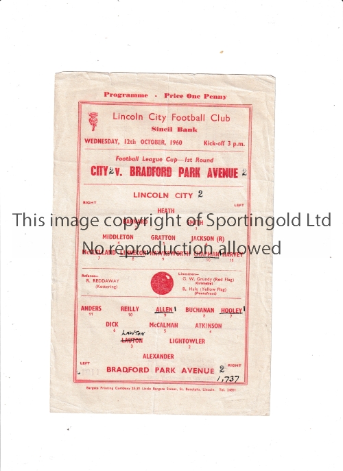 LINCOLN CITY V BRADFORD PARK AVENUE 1960 LEAGUE CUP Single sheet programme for the tie at Lincoln