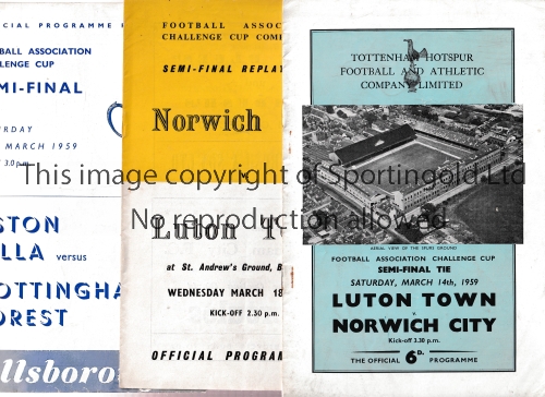 1959 F.A. CUP SEMI-FINALS Programmes for all 3 matches, Luton Town v Norwich City at Totten