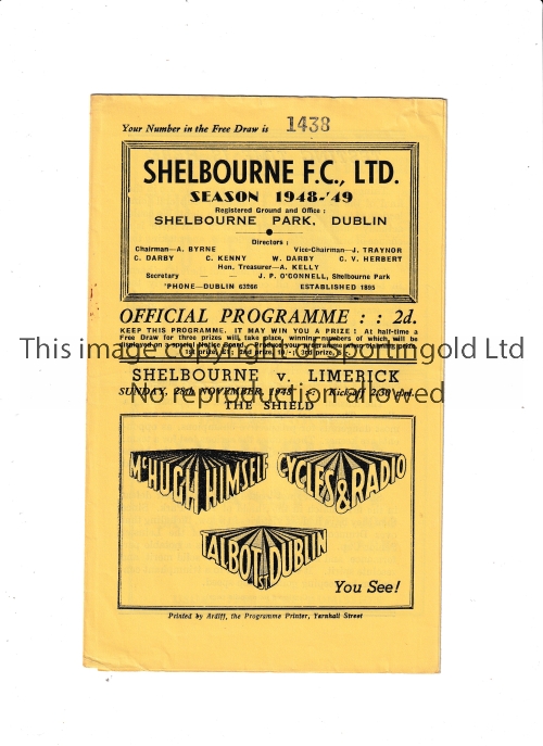 SHELBOURNE V LIMERICK 1948 Gatefold programme for the Shield match at Shelbourne 28/11/1948. Very