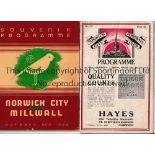 NORWICH CITY Two home programmes v Millwall 29/10/1938 for the visit of the King, slight wear to the