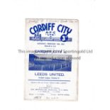 LEEDS UNITED Programme for the away League match at Cardiff 25/2/1950, horizontal fold and writing