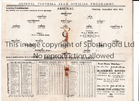ARSENAL Programme for the home London Combination match v Brighton 28/9/1935, horizontal fold and