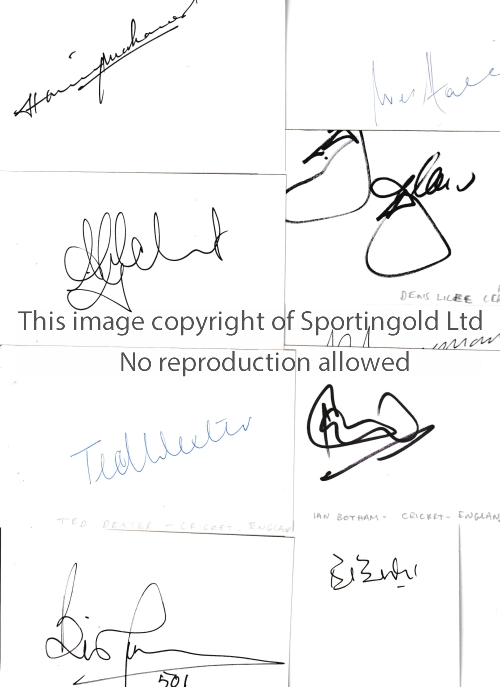 CRICKET AUTOGRAPHS Nine white cards signed by Hanif Mohammed, Bishan Bedi, Adam Gilchrist, Ted