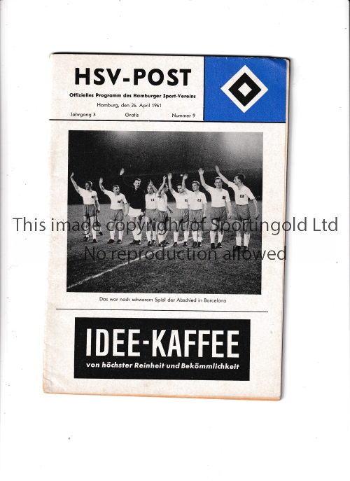 1961 EUROPEAN CUP SEMI-FINAL Programme for Hamburg SV at home v Barcelona 26/4/1961. Good