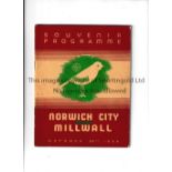 NORWICH CITY V MILLWALL 1938 Souvenir edition programme for the League match at Norwich 29/10/