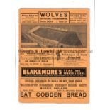 WOLVES V WBA 1936 Programme for the League match at Wolves 14/3/1936, horizontal fold. Generally