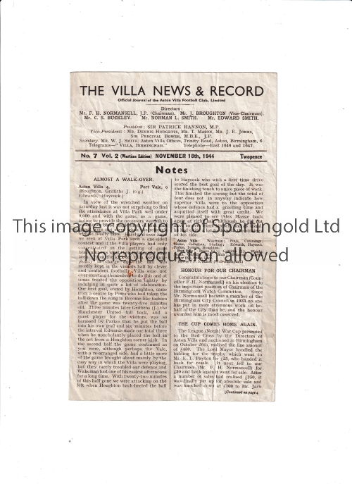 ASTON VILLA Programme for the home FL North match v Coventry 18/11/1944, creased. Fair to
