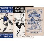 EXETER CITY Three away programmes in season 1952/3 v Millwall, Torquay, staples removed and Ipswich.