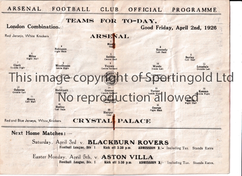 ARSENAL Programme for the home London Combination match v Crystal Palace 2/4/1926, slightly