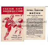 EXETER CITY V HEREFORD UNITED 1948 FA CUP Programme and single sheet F.A. Notice to Players,