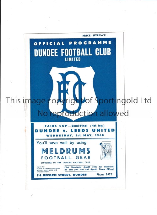 DUNDEE UNITED V LEEDS UNITED 1968 Programme for the 1st Leg of the Fairs Cup Semi-Final in Dundee