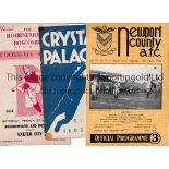 EXETER CITY Three away programmes in season 1952/3 v Newport, Crystal Palace, slightly marked and