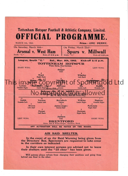 TOTTENHAM HOTSPUR Single sheet programme for the home FL South C match v Brentford 9/3/1940, very