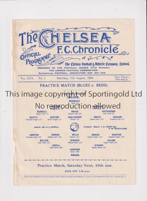 CHELSEA Programme for the Practice match 11/8/1934, ex-binder. Generally good