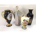 A Lladro lady figure, an Aynsley vase decorated wi